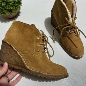 Coach Karson Brown‎ Tan Suede Leather Lace Up Wedge Boots Women’s Size 6.5